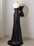 Niulatu Mermaid Strapless Black Sequin Long Prom Dresses HZ1110