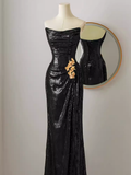 Niulatu Mermaid Strapless Black Sequin Long Prom Dresses HZ1110