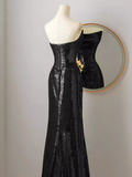 Niulatu Mermaid Strapless Black Sequin Long Prom Dresses HZ1110