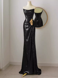 Niulatu Mermaid Strapless Black Sequin Long Prom Dresses HZ1110
