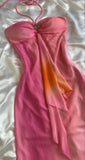 Niulatu A line Halter Chiffon Ombre Pink Prom Dresses Evening Dress With Beads HZ1110