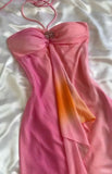 Niulatu A line Halter Chiffon Ombre Pink Prom Dresses Evening Dress With Beads HZ1110
