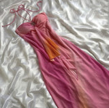 Niulatu A line Halter Chiffon Ombre Pink Prom Dresses Evening Dress With Beads HZ1110