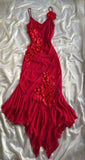 Niulatu A line Straps Chiffon Red Irregular Prom Dresses Evening Dress With Flowers HZ1110