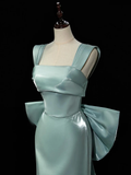 Niulatu Satin Green Long Prom Dress Green Formal Dress with Bow Tie HZ1110