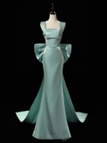 Niulatu Satin Green Long Prom Dress Green Formal Dress with Bow Tie HZ1110