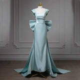 Niulatu Satin Green Long Prom Dress Formal Dress With Bowknot HZ1110