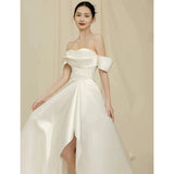 Niulatu High Low Sweetheart Long Puffy Sleeves Satin Wedding Dresses With Ruffles HZ1110