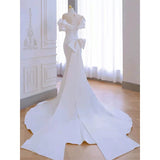 Niulatu Mermaid Scoop Neckline Long White Wedding Dresses With Pearls HZ1110