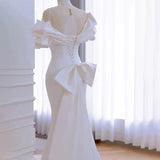 Niulatu Mermaid Scoop Neckline Long White Wedding Dresses With Pearls HZ1110