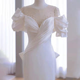 Niulatu Mermaid Scoop Neckline Long White Wedding Dresses With Pearls HZ1110