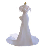 Niulatu Mermaid Scoop Neckline Long White Wedding Dresses With Pearls HZ1110