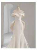 Niulatu Mermaid Off The Shoulder Short Sleeves Long White Wedding Dresses With Bow HZ1110