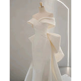 Niulatu Mermaid Off The Shoulder Short Sleeves Long White Wedding Dresses With Bow HZ1110