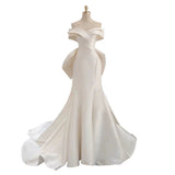 Niulatu Mermaid Off The Shoulder Short Sleeves Long White Wedding Dresses With Bow HZ1110