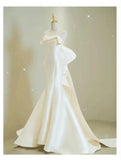 Niulatu Mermaid Sweethart Sleeveless Satin Long White Wedding Dresses With Bow HZ1110