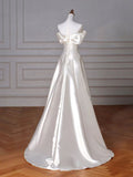 Niulatu A-Line Off Shoulder Satin Wedding Dresses With Ruffles HZ1110