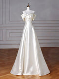 Niulatu A-Line Off Shoulder Satin Wedding Dresses With Ruffles HZ1110