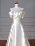 Niulatu A-Line Off Shoulder Satin Wedding Dresses With Ruffles HZ1110