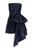 Niulatu Sheath Strapless Navy Blue Short Satin Homecoming Dresses Cocktail Dress With Bow HZ1110