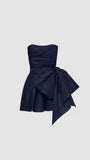 Niulatu Sheath Strapless Navy Blue Short Satin Homecoming Dresses Cocktail Dress With Bowknot HZ1110