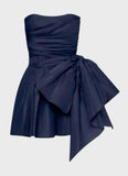 Niulatu Sheath Strapless Navy Blue Short Satin Homecoming Dresses Cocktail Dress With Bowknot HZ1110