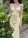 Niulatu Mermaid Spaghetti Straps Yellow Chiffon Long Prom Dresses Evening Dress With Beads HZ1110