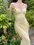 Niulatu Mermaid Spaghetti Straps Yellow Chiffon Long Prom Dresses Evening Dress With Beads HZ1110