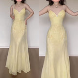Niulatu Mermaid Spaghetti Straps Yellow Chiffon Long Prom Dresses Evening Dress With Beads HZ1110