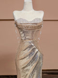 Niulatu Mermaid Sweetheart Champagne Sequin Long Prom Dresses Evening Dress With Beads HZ1110