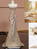 Niulatu Mermaid Sweetheart Champagne Sequin Long Prom Dresses Evening Dress With Beads HZ1110