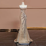 Niulatu Mermaid Sweetheart Champagne Sequin Long Prom Dresses Evening Dress With Beads HZ1110