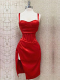 Niulatu Sheath Straps Red Knee Length Slit Homecoming Dresses Cocktail Dress HZ1110