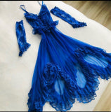 Niulatu A line Spaghetti Straps Royal Blue Lace Homecoming Dresses Cocktail Dress With Gloves HZ1110