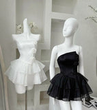 Niulatu Sleeveless Tulle A-Line Strapless Mini Short Black Homecoming Dress HZ1110