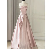 Niulatu A line Strapless Long Light Pink Prom Dresses Evening Party Dress HZ1110