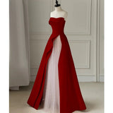 Niulatu A line Strapless Long Red Satin Prom Dresses Evening Party Dress HZ1110