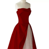 Niulatu A line Strapless Long Red Satin Prom Dresses Evening Party Dress HZ1110
