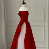 Niulatu A line Strapless Long Red Satin Prom Dresses Evening Party Dress HZ1110