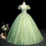 Niulatu Ball Gown V Neckline Sage Green Tulle Long Flowers Sweet 16 Dresses HZ1110