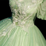 Niulatu Ball Gown V Neckline Sage Green Tulle Long Flowers Sweet 16 Dresses HZ1110