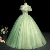 Niulatu Ball Gown V Neckline Sage Green Tulle Long Flowers Sweet 16 Dresses HZ1110