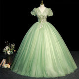 Niulatu Ball Gown V Neckline Sage Green Tulle Long Flowers Sweet 16 Dresses HZ1110