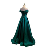 Niulatu A line Off The Shoulder Green Satin Prom Dresses Evening Party Dress HZ1110