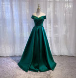 Niulatu A line Off The Shoulder Green Satin Prom Dresses Evening Party Dress HZ1110