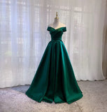 Niulatu A line Off The Shoulder Green Satin Prom Dresses Evening Party Dress HZ1110