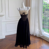 Niulatu A Line Spaghetti Straps Sleeveless Black Long Prom Dresses HZ1110