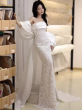 Niulatu Mermaid Strapless White Lace Long Prom Dresses HZ1110