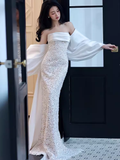Niulatu Mermaid Strapless White Lace Long Prom Dresses HZ1110