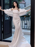 Niulatu Mermaid Strapless White Lace Long Prom Dresses HZ1110